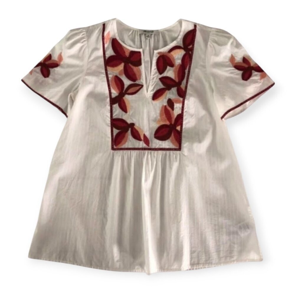Madewell White Red Embroidered Boho Cotton Blouse XS Cottagecore Summer Festival - Picture 2 of 5